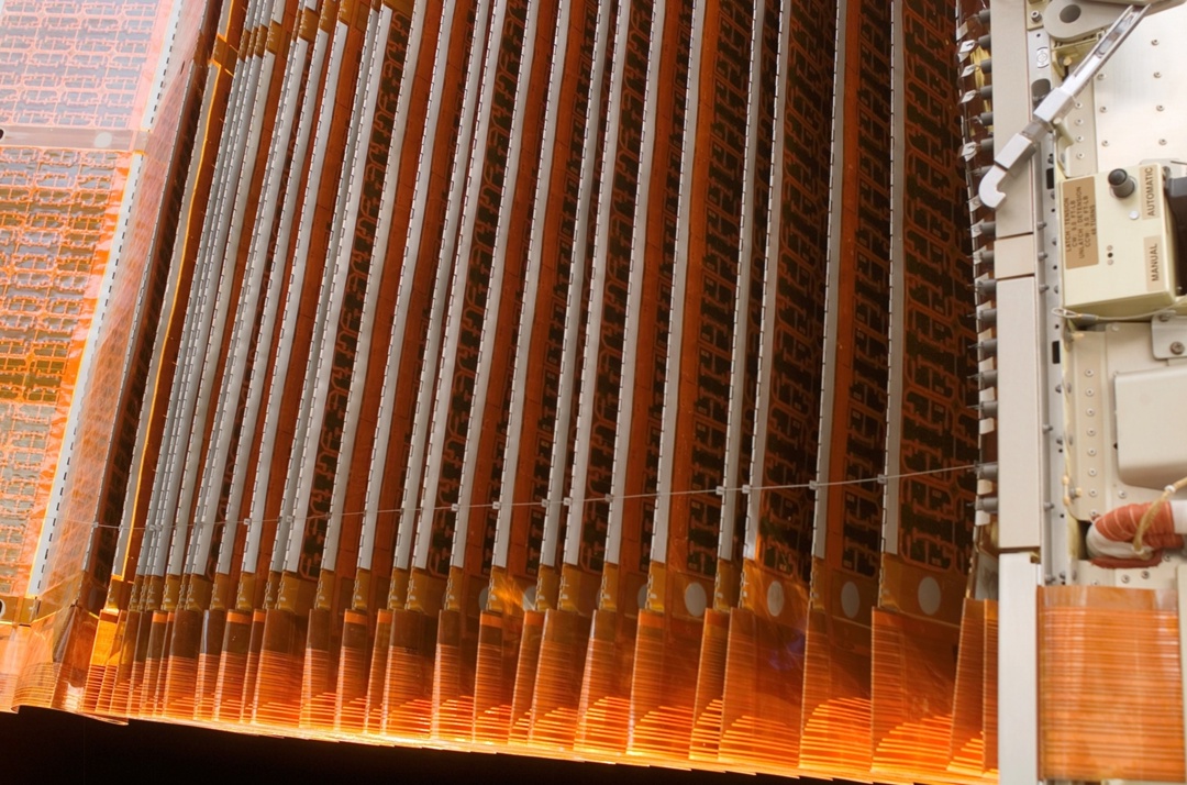 One of the American segment's solar arrays on the ISS in folded configuration — after delivery to orbit, astronauts deployed it manually over six and a half hours in open space. Again a NASA photo