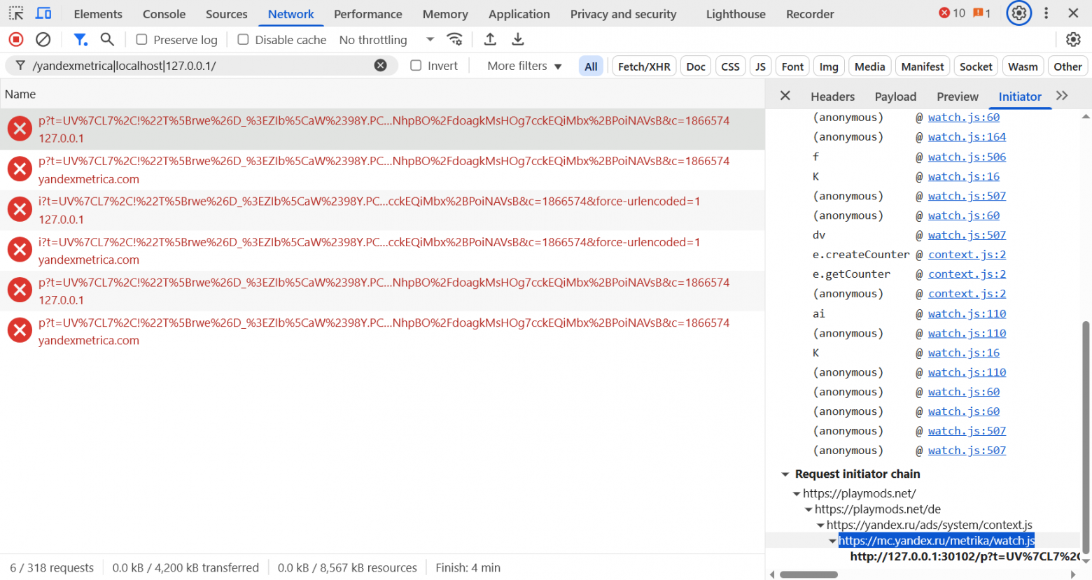 Yandex localhost tracking HTTP flow