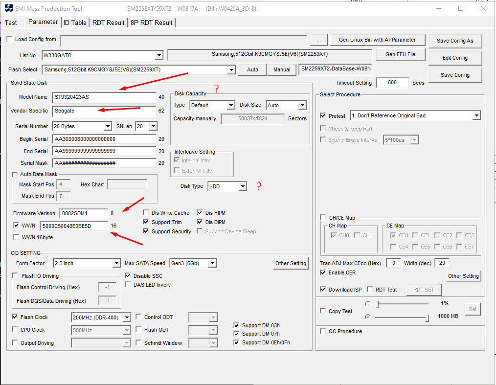 MPTool configuration parameters
