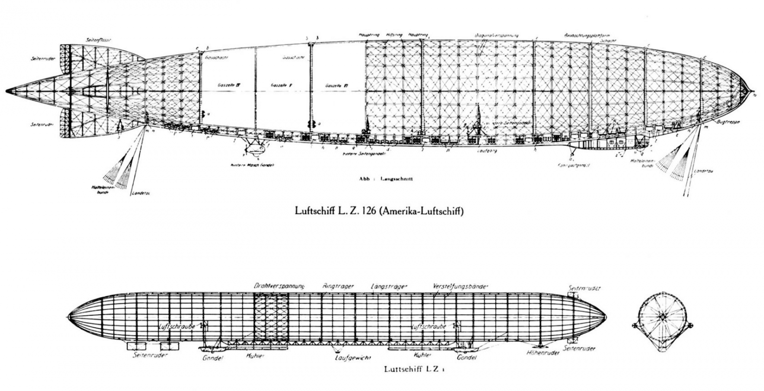 Схема LZ-126 рядом с со схемой самого первого экспериментального цеппелина LZ-1