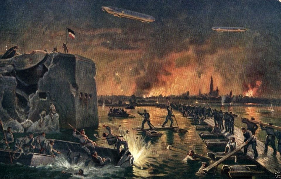 Взятие горящего Антверпена на немецкой картине, в небе дирижабли Z-IX и LZ-17