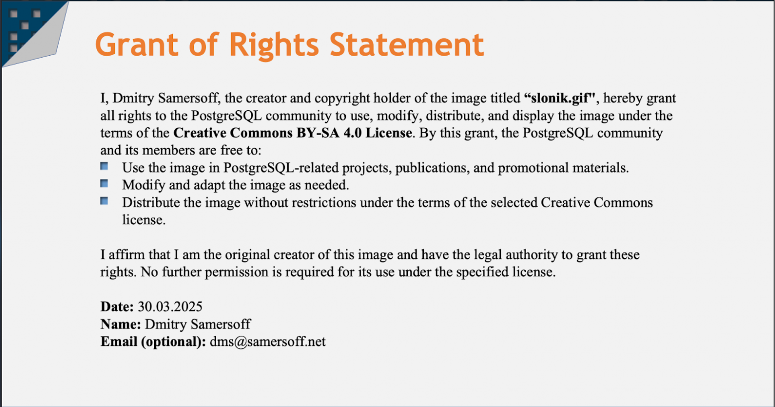 Transfer of PostgreSQL logo rights