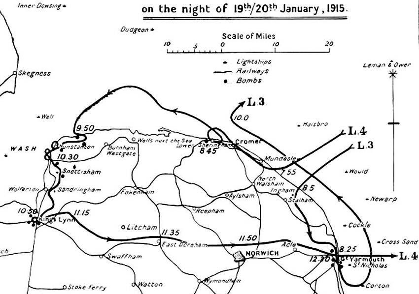 Британская карта первого рейда цеппелинов в Норфолке