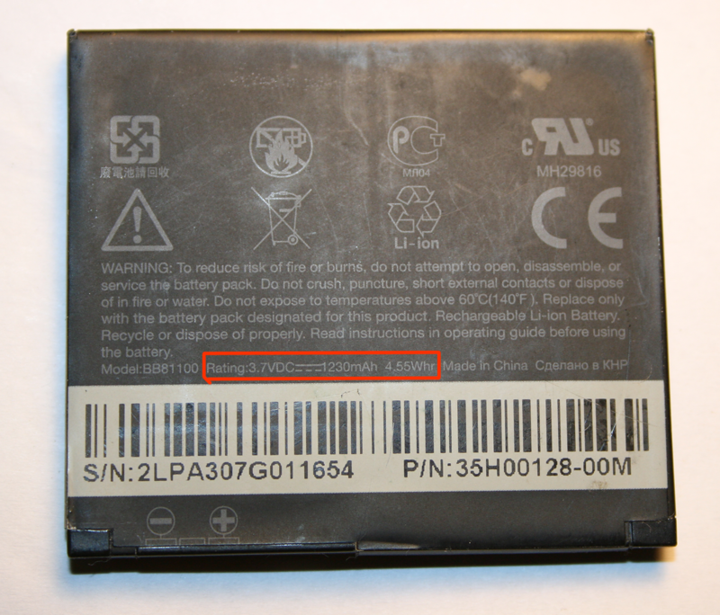 Voltage: 3.7V, capacity: 1230 mAh, and the most important parameter — battery energy: 4.55 Wh