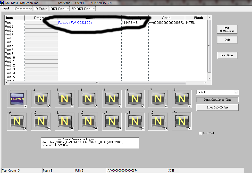MPTool scan drive result
