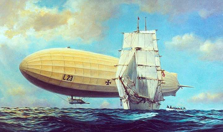 L-23 захватывает норвежский барк «Royal» (разумеется, в реальности паруса были спущены перед высадкой в шлюпки, но художнику так показалось красивее)