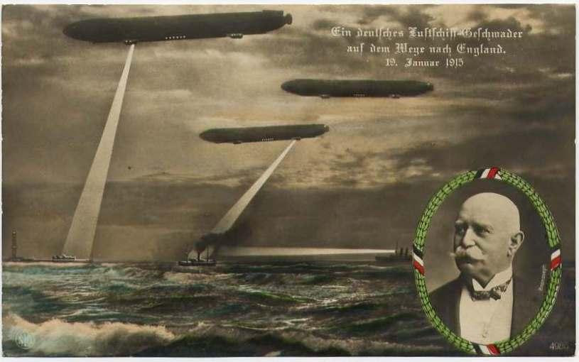 Спойлер к следующей части: немецкая открытка с портретом фон Цеппелина и подходящей к британским берегам эскадрой дирижаблей-бомбардировщиков