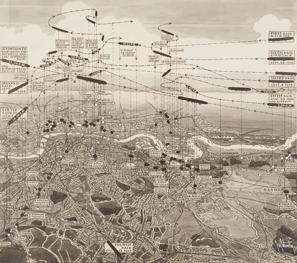 Карта о семи крупнейших рейдах цеппелинов на британскую столицу, собрание Музея Лондона